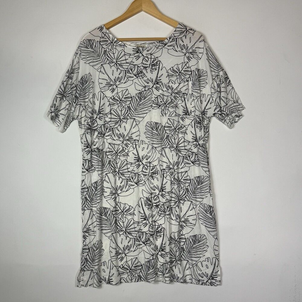 Soma T-Shirt‎ Dress Women Large Black White Tropical Leaves Coastal Comfy Casual